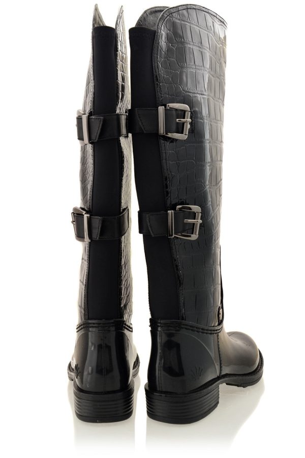 AIDA Black Croc Patent Knee-High Boots on Sale