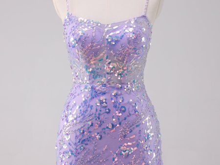 Sparkly Purple Bodycon Spaghetti Straps Sequins Short Homecoming Dress For Cheap