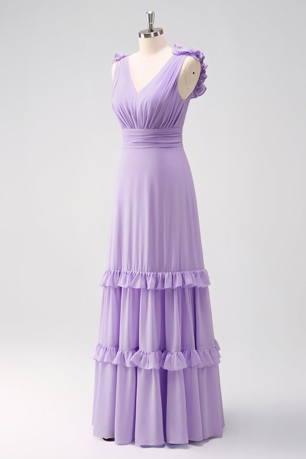 Lilac Chiffon A-Line Ruched Bridesmaid Dress with Ruffles Supply