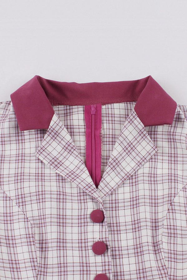 Purple Red Plaid Short Sleeves Swing 1950s Dress For Sale