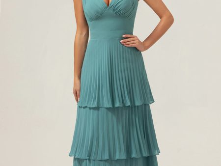 Eucalyptus A-Line Spaghetti Straps Chiffon Pleated Tiered Bridesmaid Dress Fashion