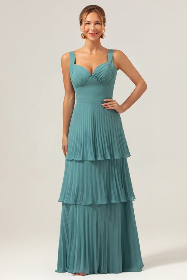 Eucalyptus A-Line Spaghetti Straps Chiffon Pleated Tiered Bridesmaid Dress Fashion