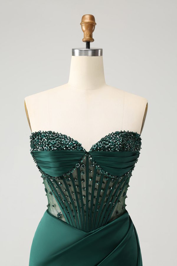 Sparkly Dark Green Mermaid Strapless Beaded Corset Long Prom Dress with Slit Supply