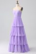 A-Line Sweetheart Lilac Tiered Chiffon Long Bridesmaid Dress with Pleated For Discount