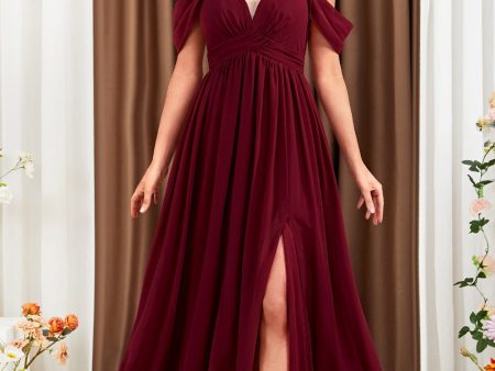 A-Line Cold Shoulder Burgundy Formal Dress with Slit For Cheap