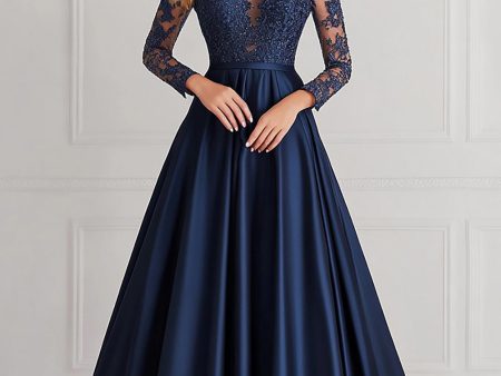 Sparkly Navy A-Line Long Sleeves Laced Top Satin Mother of the Bride Dress Fashion