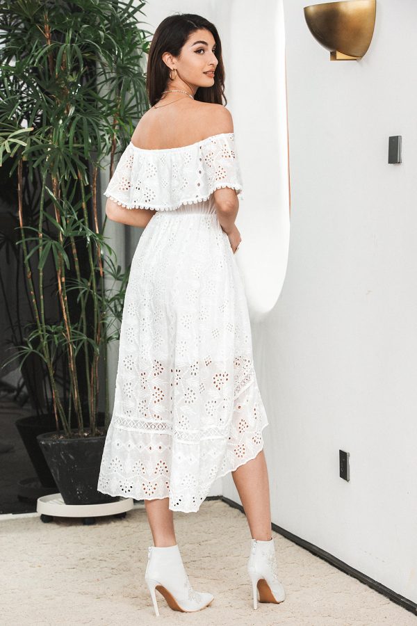 Simple White High Low Hollow Boho Asymmetrical Graduation Dress on Sale