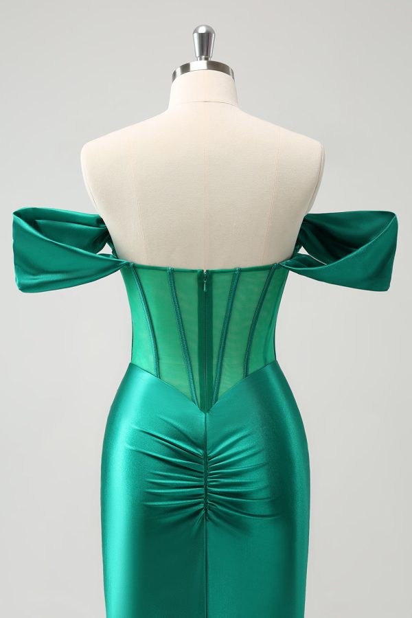 Green Off the Shoulder Satin Tight Homecoming Dress with Beading For Cheap