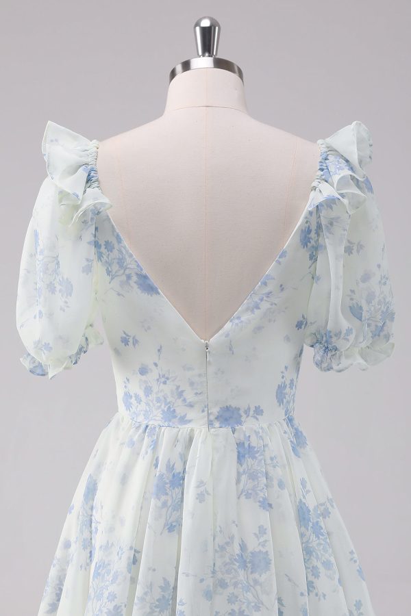 Light Blue Floral Short Homecoming Dress with Short Sleeves For Sale