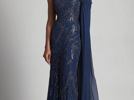 Sparkly Navy One Shoulder Sheath Long Mother of the Bride Dress with Sash Discount