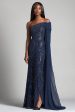 Sparkly Navy One Shoulder Sheath Long Mother of the Bride Dress with Sash Discount