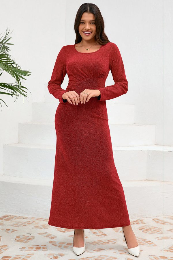 Red Mermaid Scoop Neck Long Party Dress with Long Sleeves For Cheap