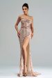 Apricot Mermaid Strapless Sequined Split Prom Dress Online