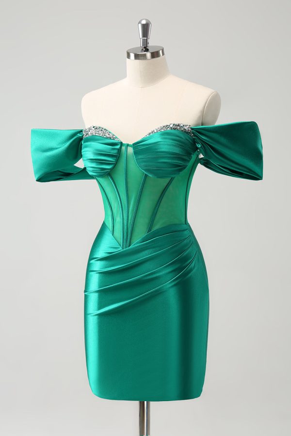 Green Off the Shoulder Satin Tight Homecoming Dress with Beading For Cheap