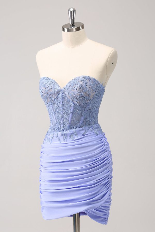 Lilac Strapless Corset Pleated Tight Homecoming Dress with Appliques Online