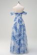 White Blue Flower Off the Shoulder A-Line Bridesmaid Dress with Slit Online Sale