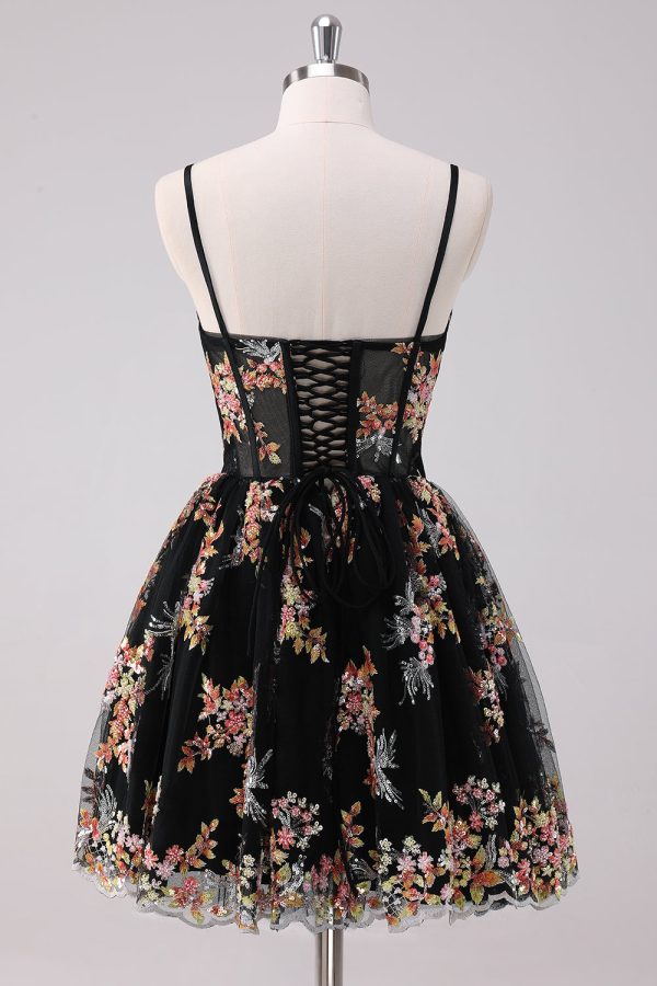 Sparkly Black A-Line Floral Short Homecoming Dress Discount