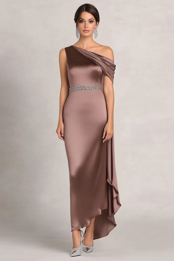 Taupe Sheath One Shoulder Ruched Rhinetones Satin Mother Of the Bride Dress Online Sale