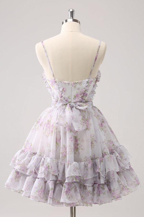 Lilac A-Line Floral Prints Ruffled Tiered Tulle Homecoming Dress Supply