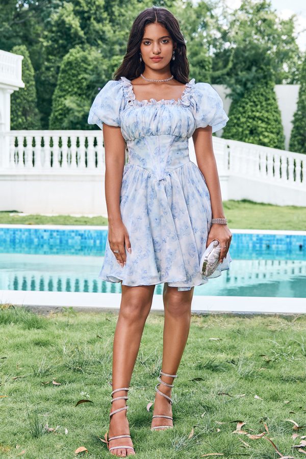 Sky Blue A Line Square Neck Print Floral Ruffle Short Homecoming Dress with Puff Sleeves Online