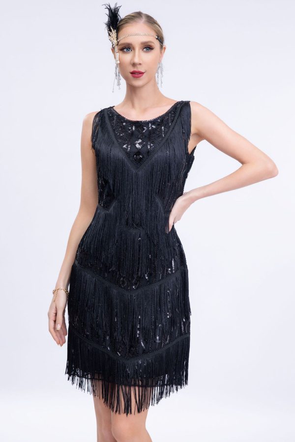 Black Fringed 1920s Gatsby Dress with Sequins For Discount