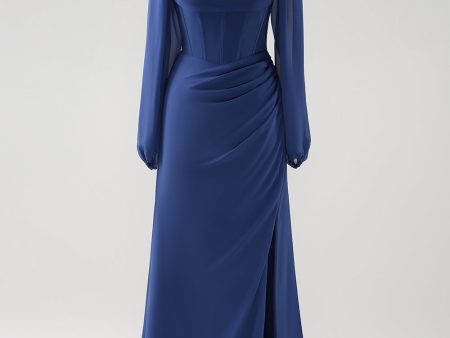 Dark Blue Sheath Square Neck Chiffon Long Sleeves Long Bridesmaid Dress with Slit Cheap