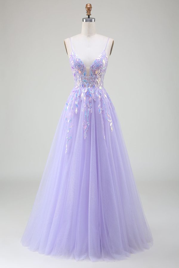 A-Line Purple Prom Dress with Sequins Cheap