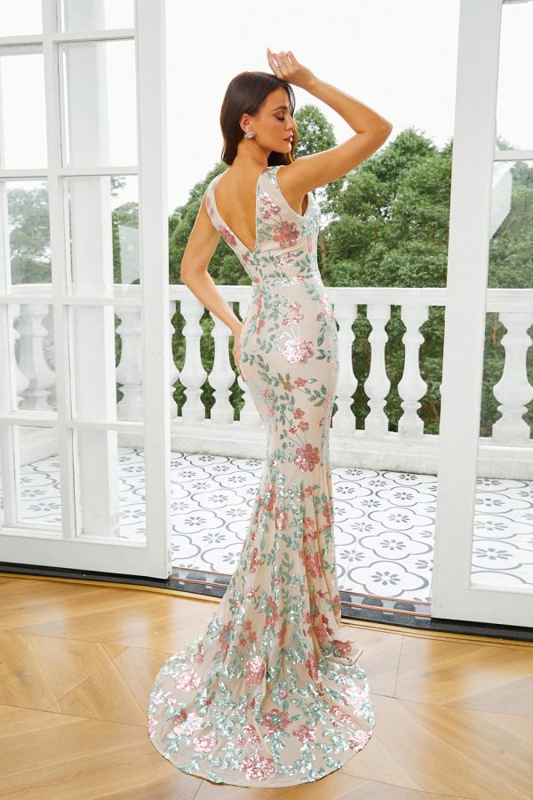 Apricot Floral Mermaid Long Prom Dress Online