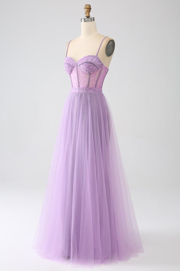 A-Line Lilac Spaghetti Straps Long Corset Prom Dress Sale