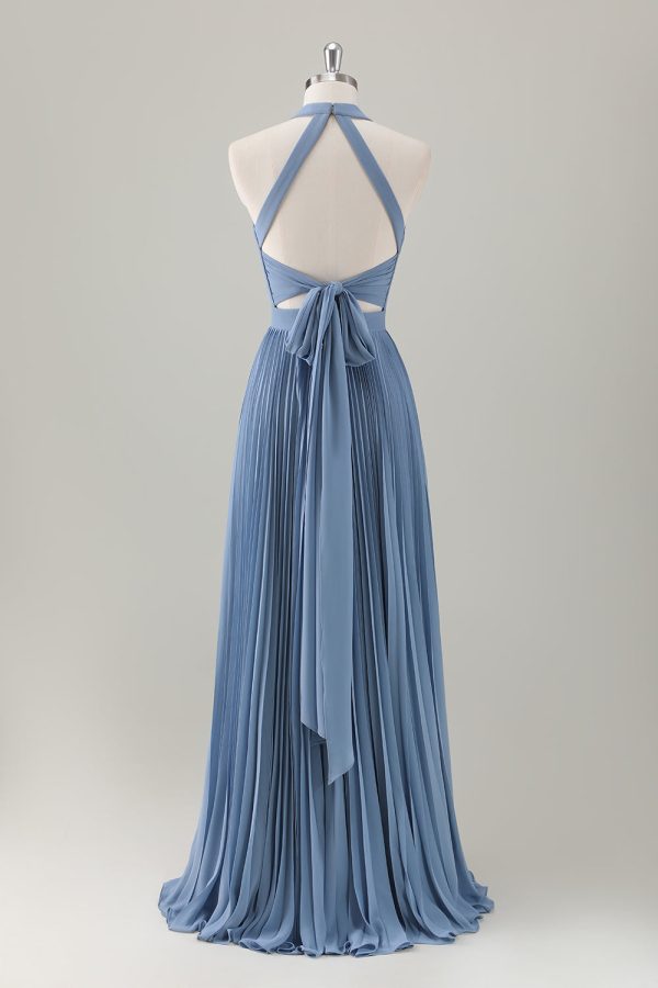 Grey Blue A-Line Halter Long Bridesmaid Dress with Slit Online