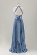 Grey Blue A-Line Halter Long Bridesmaid Dress with Slit Online