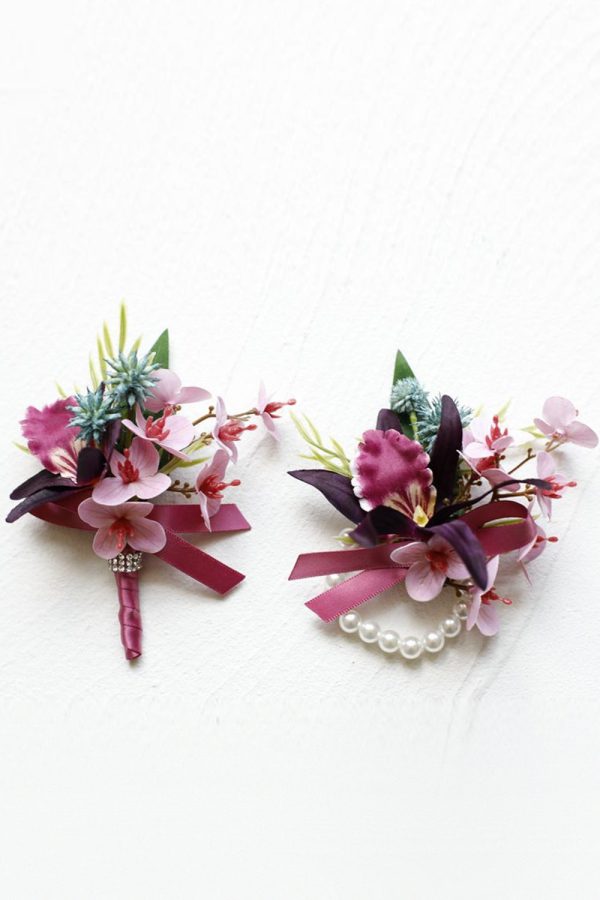 Burgundy Prom Wrist Corsage and Men‘s Boutonniere with Pearls For Sale