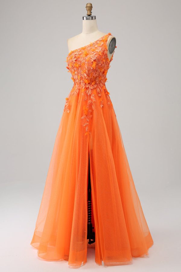 Orange One Shoulder A-Line Tulle Long Prom Dress with Appliques Discount