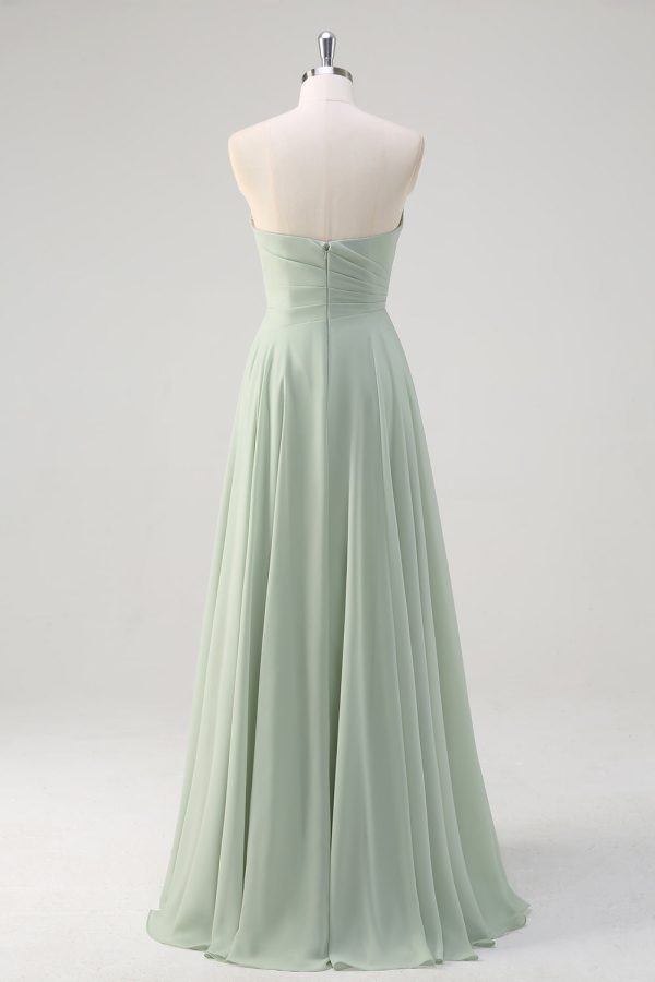 Matcha A Line Strapless Ruched Chiffon Long Bridesmaid Dress Discount