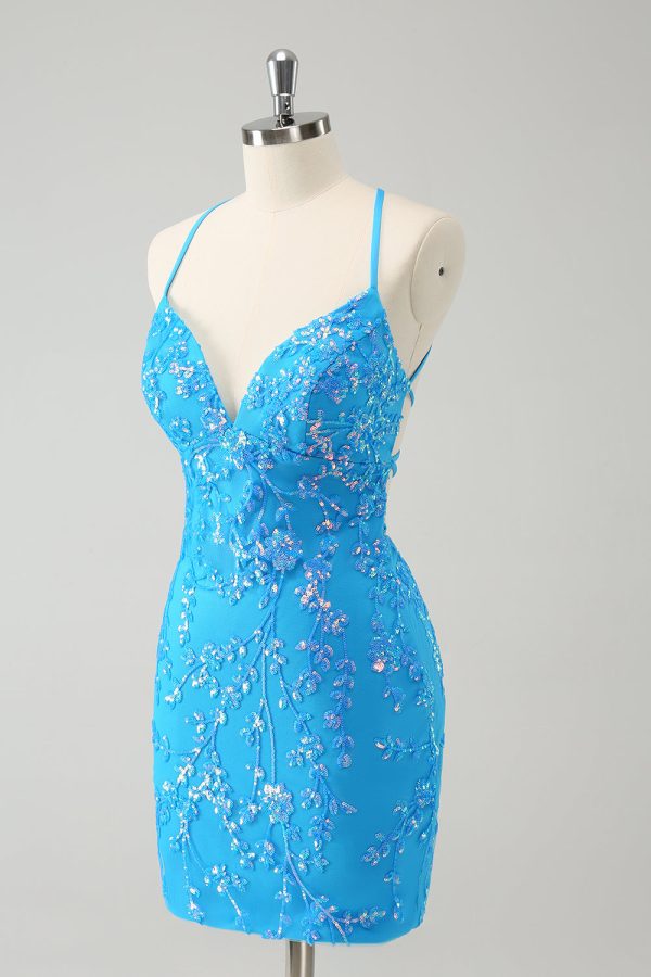 Sparkly Sky Blue Tight Short Homecoming Dress with Lace-Up Back For Cheap