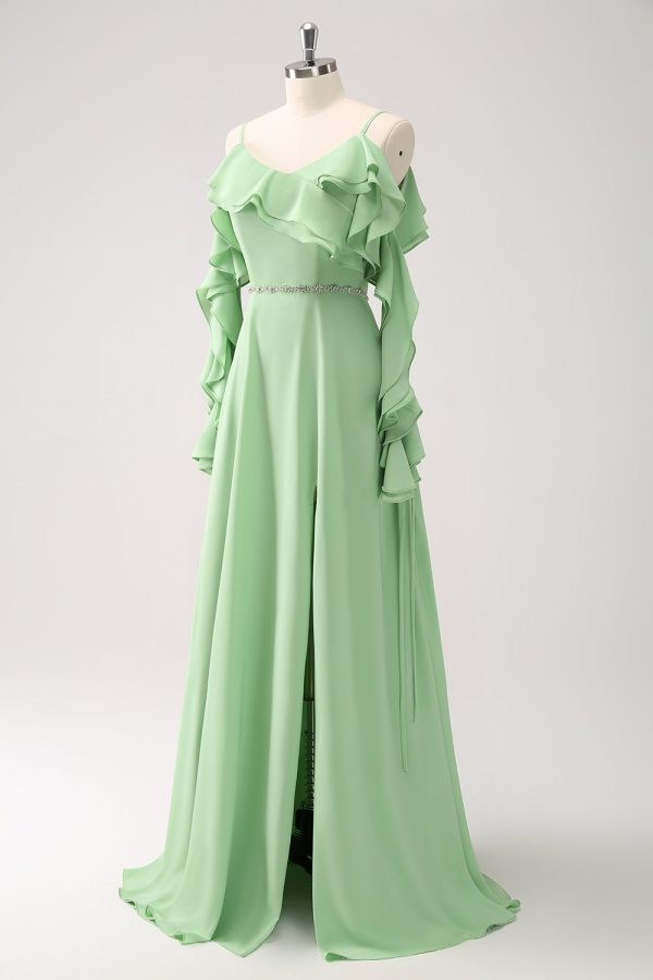 Light Green Cold Shoulder A-Line Chiffon Long Bridesmaid Dress with Ruffles Hot on Sale