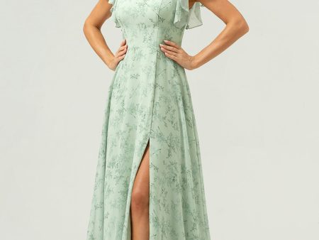 Dusty Sage Square Neck Printed Flower Long Bridesmaid Dress with Slit on Sale