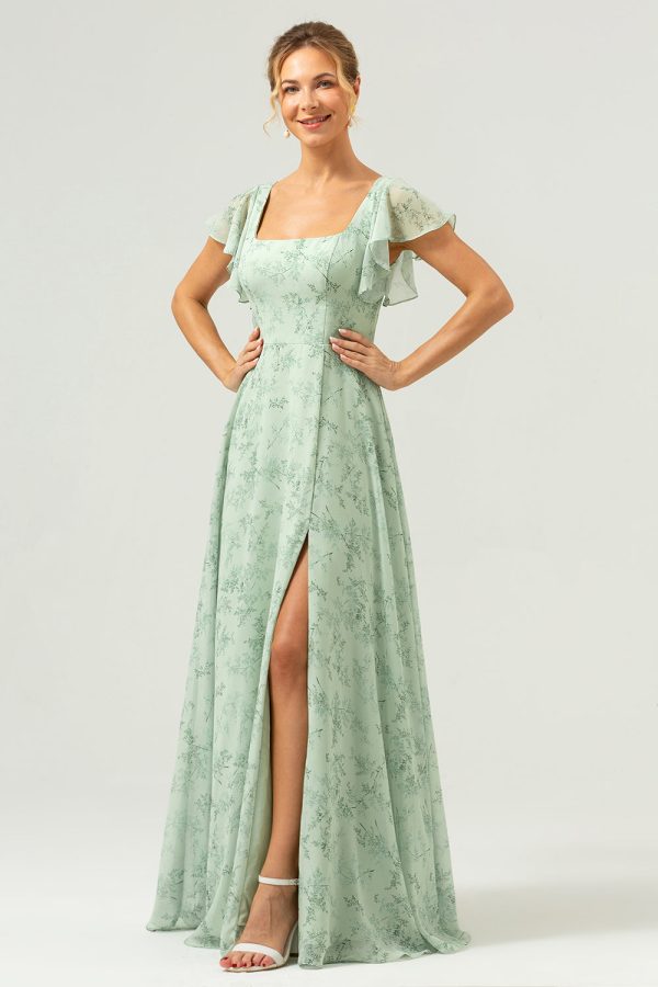 Dusty Sage Square Neck Printed Flower Long Bridesmaid Dress with Slit on Sale