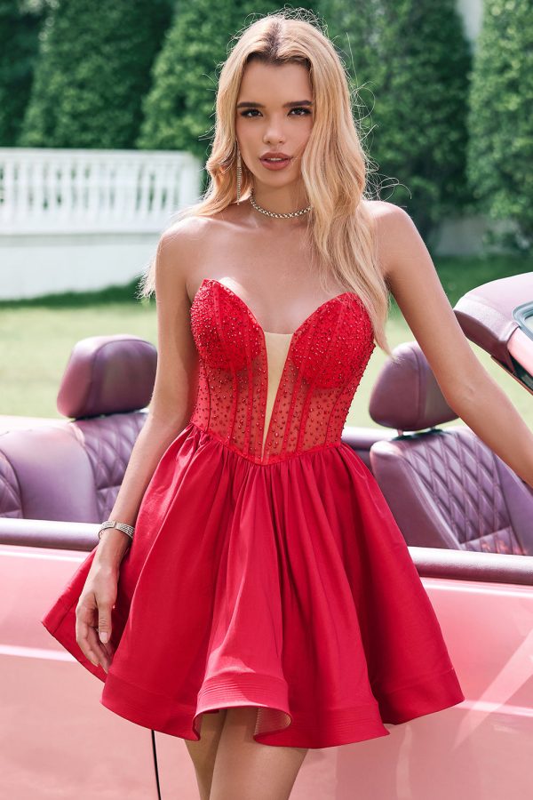 Red A Line Strapless Corset Short Ruffle Cute Homecoming Dress with Beading Online Sale