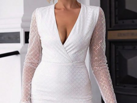 Sparkly White V-Neck Open Back Bodycon Dress With Long Sleeves For Sale