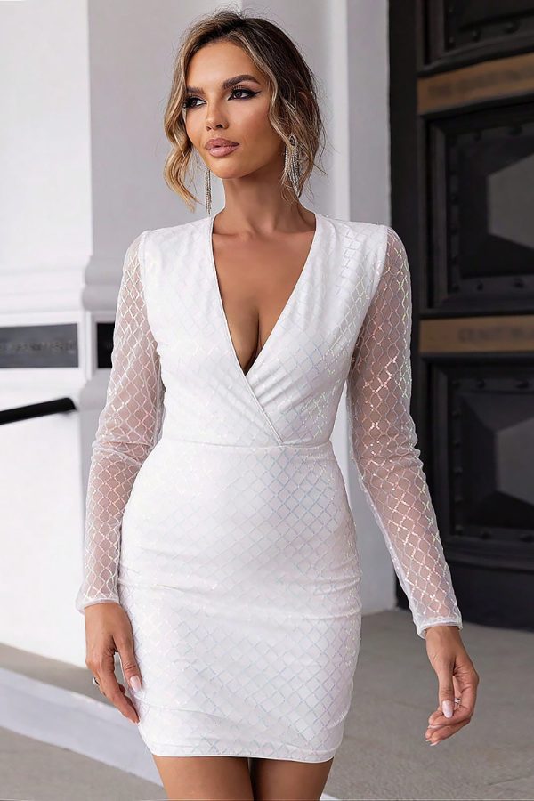 Sparkly White V-Neck Open Back Bodycon Dress With Long Sleeves For Sale