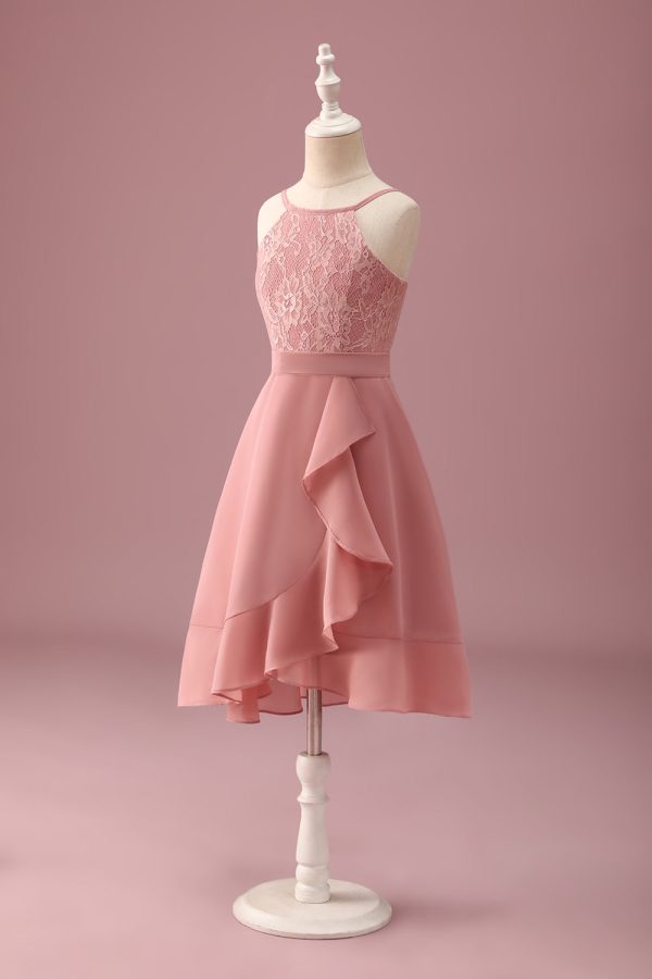 Blush Halter Neck A-Line Chiffon Junior Bridesmaid Dress with Ruffles Supply