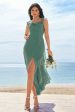 Eucalyptus A-Line Spaghetti Straps Chiffon Long Bridesmaid Dress with Slit Fashion