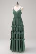 Eucalyptus A-Line Spaghetti Straps Tiered Chiffon Long Bridesmaid Dress Fashion