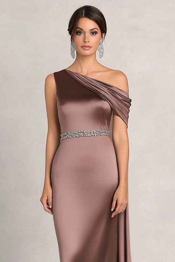 Taupe Sheath One Shoulder Ruched Rhinetones Satin Mother Of the Bride Dress Online Sale