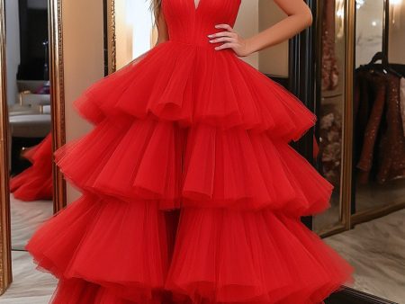 A Line Tiered Red Sweetheat Sleeveless Tulle Long Prom Dress Online Hot Sale