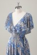 Grey Blue V Neck A-Line Burnout Velvet Floral Printed Bridesmaid Dress Fashion