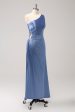 Blue One Shoulder Satin Keyhole Long Bridesmaid Dress Discount