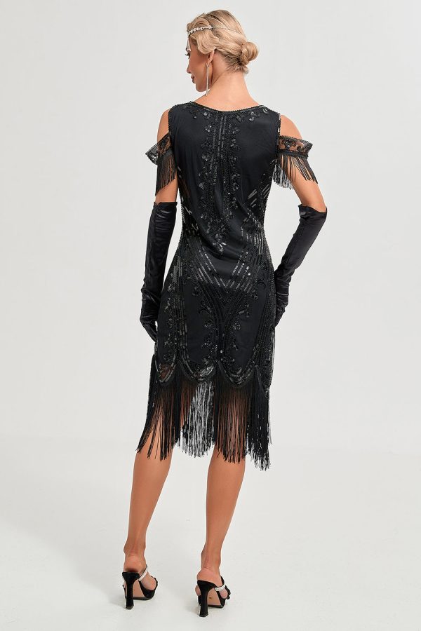 Black Cold Shoulder Sequins Fringes 1920s Gatsby Dress Discount