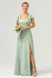 Dusty Sage Square Neck Printed Flower Long Bridesmaid Dress with Slit on Sale